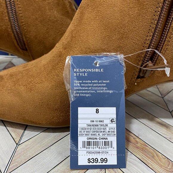 Tan Suede Pointed Toe Ankle Boots With Zipper & Kitten Heel Size 8 Womens - NWT - Picture 2 of 9